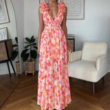 Zingj Summer New Fashion Rural Print Open Back Sexy Sling Big Place Skirt-Outfit