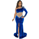 Zingj Royal Velvet Hot Diamond Mesh See-Through Pleated Collar One-Shoulder Slit