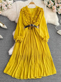 Vintage Women Pleated Long Dress Red/Purple/Yellow V-Neck Ruffle Puff Sleeve Draped A-Line Vestidos Female New