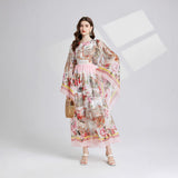Court Style Temperament Round Collar Horn Long Sleeves Loose Celadon Print A-Word Dress Seaside Holiday