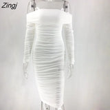 Mesh Sheer Off Shoulder Midi Party Dress Women Spring Elegant Long Sleeve Ruched Bodycon Dresses White Backless