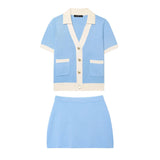 For Women's INS Burst Color V-Neck Knitted Shirt + Short Skirt