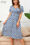Floral Print Summer Dress Women V Neck Chiffon A Line Casual Beach Dress Vintage Elastic Waist Midi