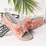 Slopes And Slippers Wearing Women's Summer Leisure Round Head Hollow Pure Color Flowers Decorated Lazy