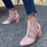 Spring And Summer New Lace Flower Mesh Women Cool Boots Crystal High Heel Head Hollow Roman