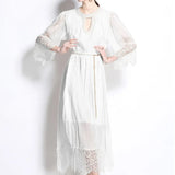Luxury Famous Dress Women Spring Diamond Seven-Sleeve Mesh Splicing Design Chic Temperament