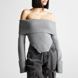 Zingj 2024 New Fashion Temperament One Word Shoulder Slim Slim Long-Sleeved Sweater Women's Solid Color Back