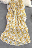 Autumn Bohemian Women Tie Dye Printed Pleated Long Dress Boho Stand Collar Puff Sleeve High Waist Draped Maxi Vestido
