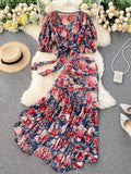 Pink/Blue Floral Print Chiffon 2pcs Set Women Summer Bandage Short Tops + High Waist Mermaid Skirt Female Sets 2023