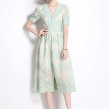 French Gentle Heavy Industry Embroidery V Zero Bubble Sleeve Dress Women's New Single Buckle Shed Skinny