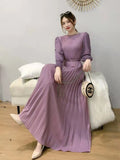 Ripe Wind High Waist Round Collar Dress Spring And Autumn New Temperament Solid Color To Show Thin Waist Swing 100 Rhetum Long