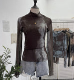 Shooting Denim Pattern Dye Printing Retro Babes Thin Mesh T-Shirt High-Necked Long Sleeve Bottom Shirt Top