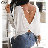 Autumn Spring Women Fashion Elegant Sexy Long Sleeve Ladies Open Back Top Solid Beaded Strap Backless Twisted
