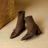 Brown Short Boots Women Thick And 2025 Autumn And Winter New Splicing Elastic Thin Boots Tips 6CM High
