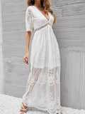 Dress Women Summer Ladies Casual Loose Embroidery Lace Long Dress Female V Neck Short Sleeves Beach Dress Vacation
