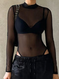 Fashion Skinny Black Stripe Naked Sexy Bodysuit Long Sleeve Summer Women's Bodies See-Through Party One Piece