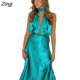 Satin Sexy Deep V-neck Halter Women Dress Green Backless High Slit Dress Women Summer Skinny Fashion Party Clubwear