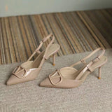 2025 Spring And Summer Light-Mouthed Fashion Shoes Large-Size Pointed Sandals V Buckle Naked Color Fine Heels High Heels