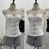 Style Splicing Pu Leather Buckle Zipper Open Shirt Braid Repair Vest Sleeveless Top Lady