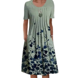 Floral Print Round Neck Pocket Mid-length