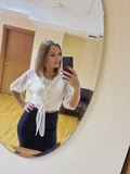 2023 Summer Half Sleeve Buttoned Up Shirt Loose Casual Blouse Chiffon Shirts Women Tied Waist Elegant Blouses for