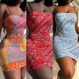 Women Mini Dress Spaghetti Straps Color Block Skinny Outfits Night Club Party Vestidos 2021 Summer New Casual