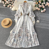 And Autumn New Holiday Wind Collar Lantern Sleeve Print Together With A Female Waist Swing A Word Over The Knee Long