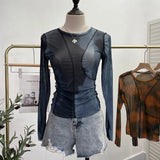 Sun Dyed Elastic Mesh Yarn T-Shirt Stacked With Long-Sleeved Top Press Line T-Shirt