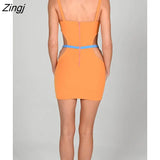 Metal Shell Hollow Out Women Dress Orange Patchwork Spaghetti Strap Zipper Dress Female Summer Skinny Elegant