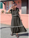 Zingj Summer New Women's Comfortable Casual Shirt Collar Lace Long Skirt Suit