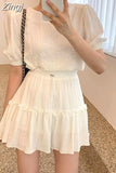 Two Piece Set Korea New Fashion Summer Women Puff Sleeve Cropped Tops And Ladies Womens Casual High Waist Ruffes Skirt