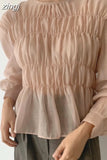 Spring Blusa O-Neck Puff Long Sleeve Blouse Korean Ins Solid Pleated Design Perspective Summer Shirt Fashion Clothing