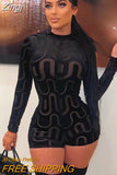 Women's Velvet Shorts Jumpsuit Ripple Print Gradient Round Neck Long Sleeve Invisible Zipper Closure Slim Playsuit