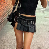 Babes Rivet Belt Open Leather Skirt 2025 Fashion Street Sexy Low-Rise A-Word Version Of 100-Folded
