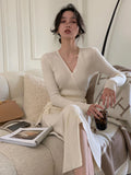 Women Autumn Spring Sweater Knitted Bandge Dresses Female Fashion Elegant Long Sleeve