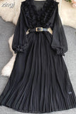 Vintage Women Pleated Long Dress Red/Purple/Yellow V-Neck Ruffle Puff Sleeve Draped A-Line Vestidos Female New