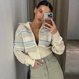 Sleeze-Colored Striped Knitted Zip-Up Collar Fashion Style Every Day Casual Coat