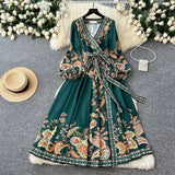 Court Retro Cross V Tie With Belt Lantern Sleeve Print Big Pendted Dress Woman 2025