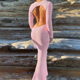 Women's Dress Sexy Hollow Bare Back Wool Dress Long Sleeve Cover Round Pink Long