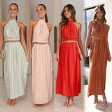 Zingj Years Of Fashion New Hot Girls New Neck Hanging Back Sexy Lace-Up Suit Pleated Dress