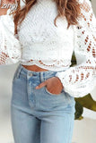 Crochet Lace Blouse Women Casual Shirt Lantern Sleeve Hollow Out Crop Top Elegant Fashion Zipper Turtleneck Slim