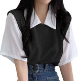 Zingj Summer Polo Lapel Fake Two College Wind Contrast Color Short-Sleeved T-Shirt Women's Loose Casual Versatile Top