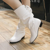 And Winter Large-Size Student Knight Boots Low With Round Head Tied With Warm Mid-Sleet Boots