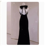 Zingj Style Black Evening Dress High-End Light Luxury Small Toast Bow Fishtail Hanging Neck Velvet