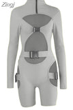 Women Bodycon Buckle Cut Out Biker Rompers Sexy Long Sleeves Hollow Out Clubwear Bodysuit One Piece Short Jumpsuit