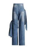 Zingj 2024 New Wash Do Old Splicing Bow Wide Leg Pants Design Sense High Waist Show Skinny Jeans