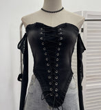 Sexy Tset Blouse Irregular Cowboy Splicing Mesh Yarn Tie With Short T-Shirt