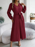 Autumn And Winter Temperament Elegant V-Neck Button Tie With Big Swing 100 Folds Long Dress Dress Women's