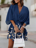Women V Neck Party Dress Commuter Fashion Print Beach Mini Dress Lady Elegant Lace-up Ruffle Office Dresses Woman