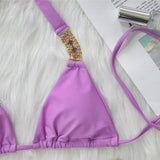 Zingj New Sexy Metal Accessories Rhinestone Solid Color Bikini Female Split Swimsuit Strap